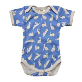   Rövid ujjú, békanyakú body - Kék Ugró nyuszi/50 (Több méret)